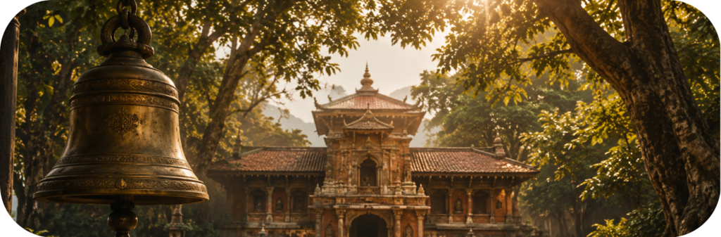 A traditional temple bell in the foreground with a peaceful ancient temple surrounded by lush trees, symbolizing mindfulness, spirituality, meditation, and inner peace.