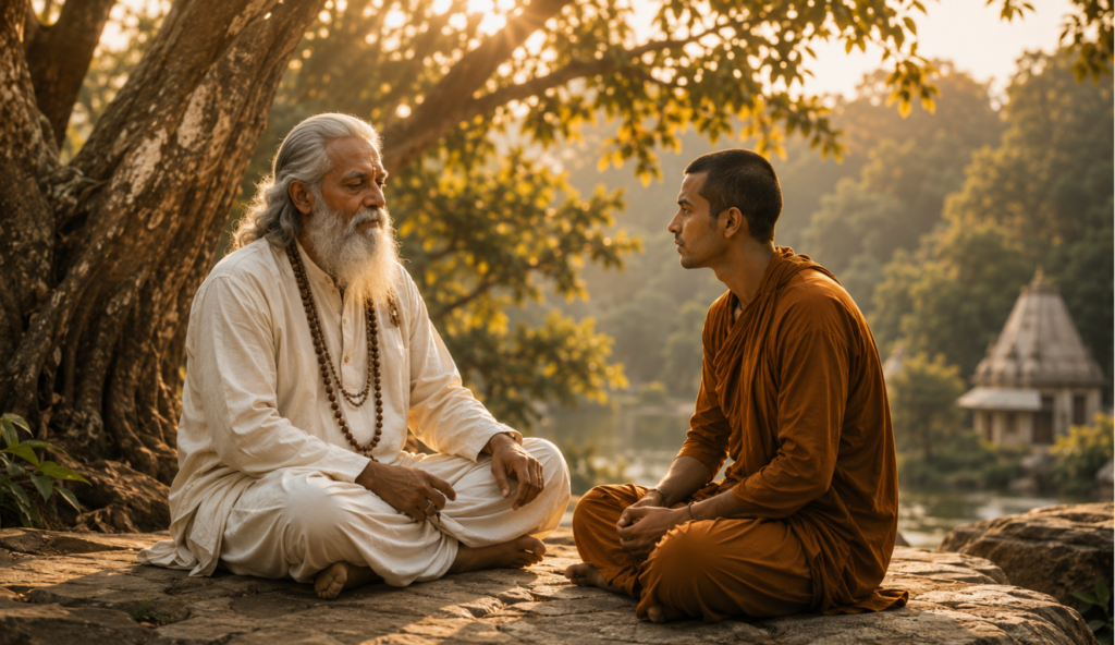 A spiritual teacher and a monk sitting together in peaceful conversation beneath a tree near a temple, symbolizing wisdom, mentorship, meditation, spiritual learning, and personal growth.
