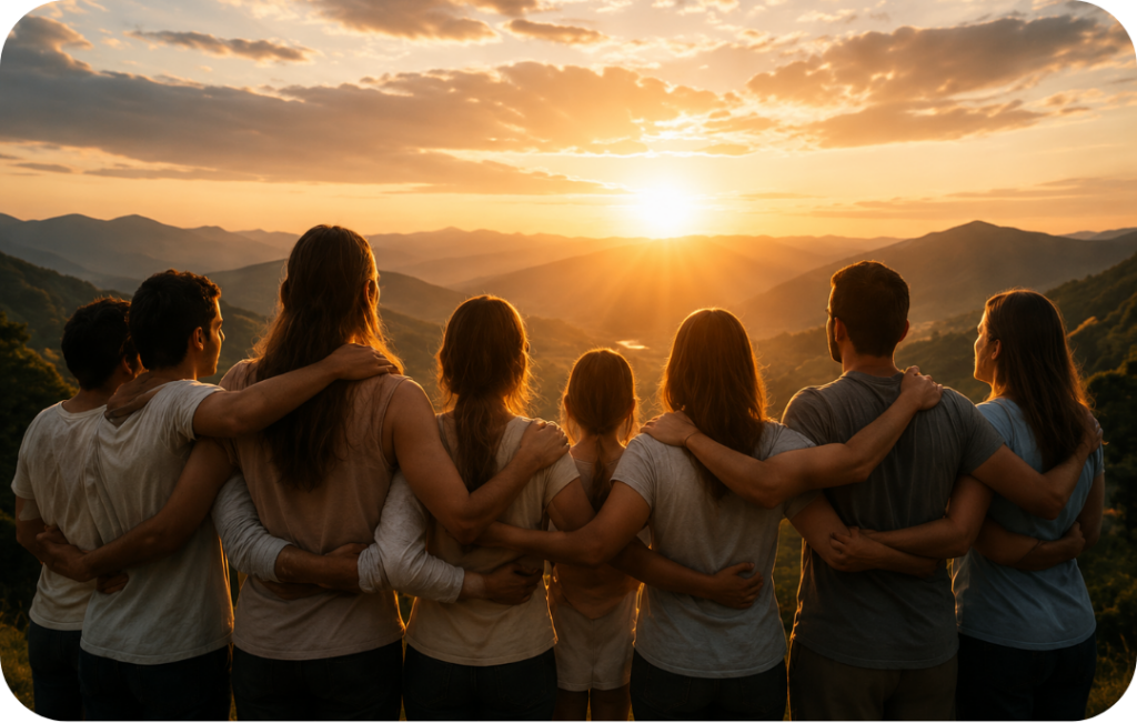 A diverse group of people standing together with their arms around each other, overlooking a mountain sunrise, symbolizing community, unity, belonging, personal growth, and shared purpose.