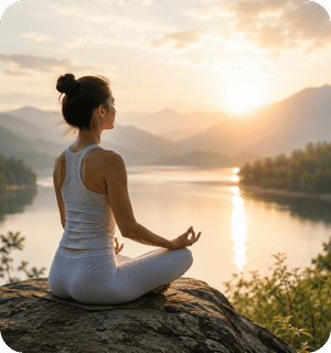 Woman practicing guided meditation beside a peaceful lake at sunrise