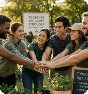 Diverse volunteers working together in a community garden