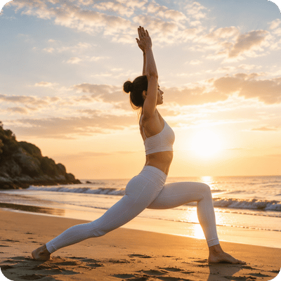 Woman practicing yoga on a beach at sunrise for body wellness