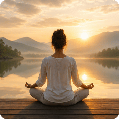 Woman meditating peacefully beside a lake at sunrise