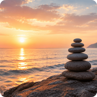 Balanced stones by the ocean at sunset representing inner peace and spiritual balance